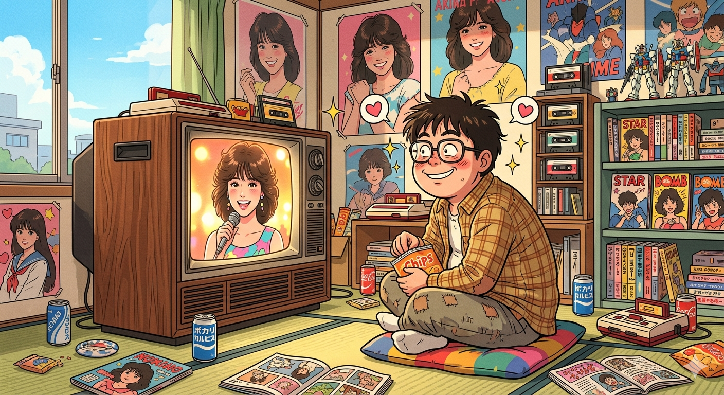 1980年代のブラウン管テレビと納得する若者